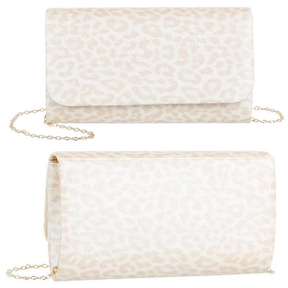 NWOT D'margeaux Glitter Leopard Convertible Clutch/Crossbody Natural Gold Cream